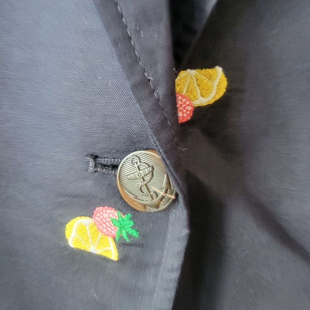 Talbots womens Embroidered Fruits Blazer size 10 linen blend navy 3/4 sleeve - Picture 5 of 7